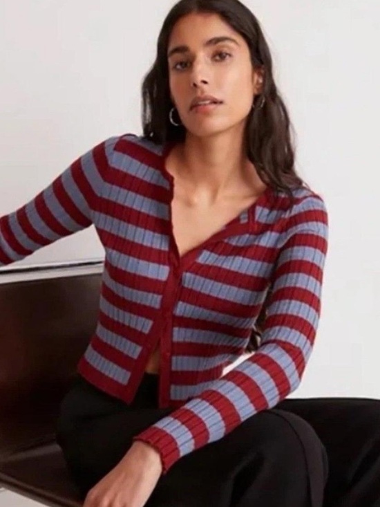 Madewell Sweaters - Striped Rib-Knit Button Cardigan - Red & Gray